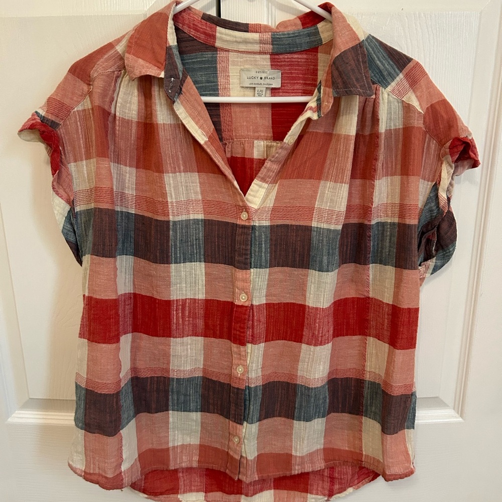 Lucky Brand Women's Plaid Button-Up Top - Red and Blue